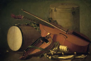 Musical instruments, drum, violin, flute and hurdy-gurdy