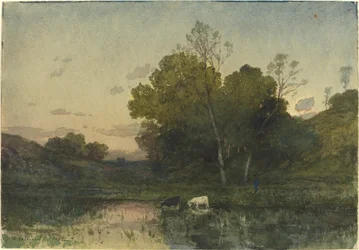 Evening Light on a Wooded Lakeside with Cattle Drinking