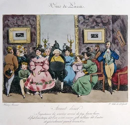Humorous depiction of the behaviour and conversation of guests before dinner, engraved by Francois Seraphin Delpech (1778-1825)