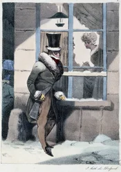 Curious Man Looking Out the Window Inside a House: Everyone Takes His Pleasure Where He Finds Him - in Les Pastemps by Henri Monnier, ed. Delpech, Paris