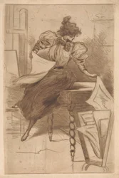 Woman looking at prints in a print stand
