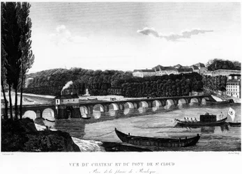 View of the castle and the bridge of Saint-Cloud - drawing by Courvoisier