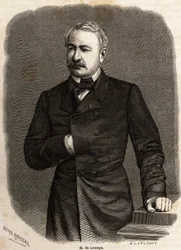 Portrait of Ferdinand de Lesseps, diplomat and entrepreneur, promoter of the Canals of Suez and Panama, drawing by Henri Rousseau, to illustrate an excursion to the Suez Canal in 1862 by Paul Merruau. Engraving in 