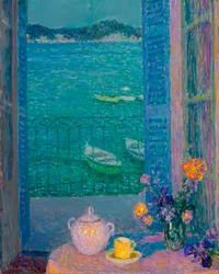 Bunch of Flowers at the Window, Villefranche-sur-Mer - Painting by Henri Le Sidaner (1862-1939)