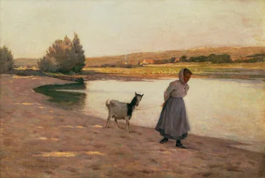 Woman Pulling a Goat