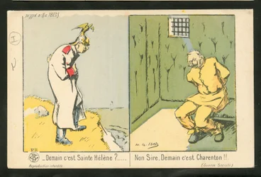 Postcard, Satirical in Colors: Tomorrow is Saint Helene? No, sire. Tomorrow is Charenton - War of 14-18, Folly - William II