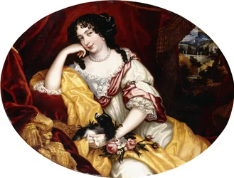 Portrait of a Lady, Seated Three-Quarter Length, with Her Dog before an Open Window, an Italianate Landscape Beyond