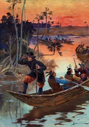René-Robert Cavelier de La Salle (1643-1687), French explorer, and his companions descending the Mississippi River for France