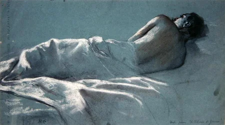 Study for Le Blesse de Guerre (charcoal with red & white chalk on blue paper)
