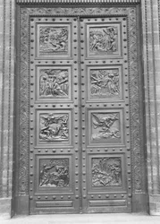 View of the Door of La Madeleine Comprising of Eight Relief Panels Depicting the Decalogue and Old Testament Scenes