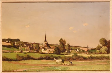 An Extensive Landscape with a Ploughman and a Village Beyond