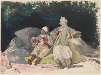 Two Dolls or Puppets Sitting on Cushions
