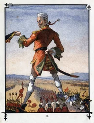 Lemuel Gulliver commands the army of the Lilliputians. Illustration for Gulliver