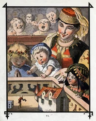 Lemuel Gulliver in the land of the giants of Brobdingnag is a curiosity for children. Illustration for Gulliver