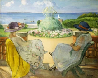 Two Young Women on a Terrace by the Sea