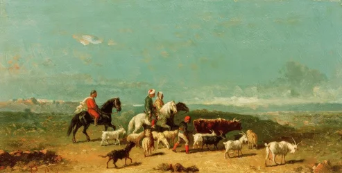 Arab Riders Group with a Goat Herder in a Wide Landscape