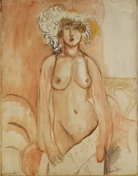 Antoinette Standing, Torso Bared, Wearing a Feather Hat