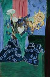 Arums, Iris and Mimosas (Flowers in a Blue Vase on a Blue Tablecloth)
