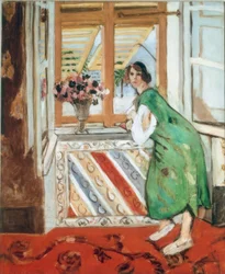 Interior in Nice, or, Young woman in green dress leaning