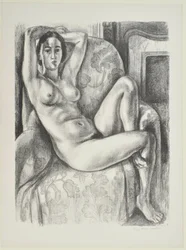 Nude with a Blue Cushion beside a Fireplace