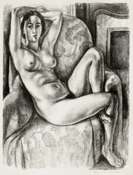 Nude with Blue Cushion Beside a Fireplace