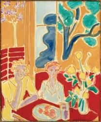 Two Young Girls on Yellow and Red Background