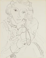 Woman with Ruffled Shirt and Pearl Necklace