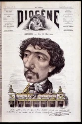 Cartoon of Charles Garnier, sitting on his work, the Opera Garnier - in 