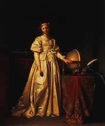 A Lady in an Interior, in a Yellow Satin Dress, with a Globe on a Table Beside her, Mourning the Absence of her Husband