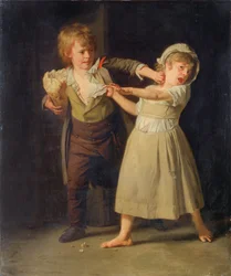 Two children fighting over a piece of bread