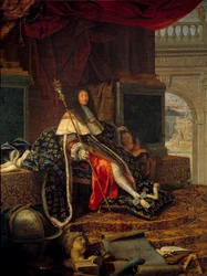 Portrait of Louis XIV (1638-1715), King of France, protector of the Royal Academy of Painting and Sculpture, with the sceptre of Charles V, called Charlemagne