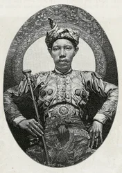 Portrait of Mohammed Yamalul Alam, sultan of Soulou (or Sulu) (Philippines), in 1880. Engraving by Thiriat, to illustrate the story 