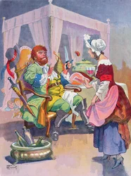 The Ogre smells fresh human flesh, illustration for a Perrault fairy tale 