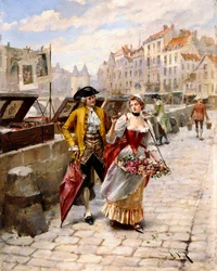 Gentleman and Flower Girl near Book Stalls by the Seine