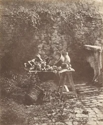 Still Life: Cauldron, Jug, and Vegetables on a Trestle Table