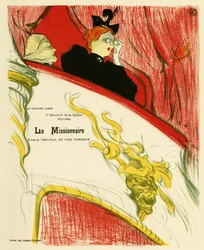 A woman in a theatre dressing room using a pair of binoculars. Poster for the Missionary, play by Marcel Luguet, represented in 1893 at the Free Theatre created in 1887 by Andre Antoine