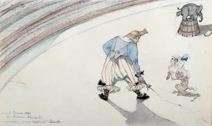 Circus scene: dressage. A clown with a scientist dog and an acrobatic elephant