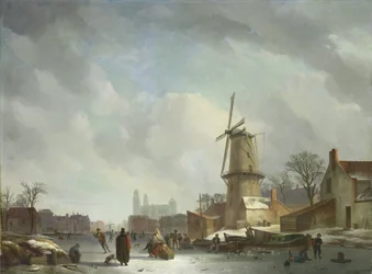 Frolicking on a Frozen Canal in a Town