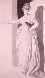 Young Woman with Elaborate Coiffure Standing with Outstretched Right Arm