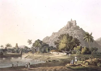 Pagodas at Trinchicunum, plate XI, engraved by Daniel Havell
