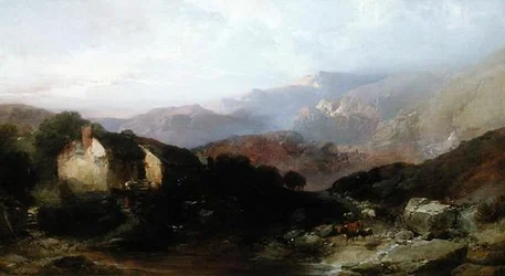 View in North Wales with Overshot Mill, Cattle and Sheep
