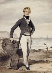 Portrait of Edward Pocock R.N., Small Full Length, Standing Beside a Beached Rowing Boat at Low Tide