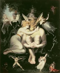 Titania Awakes, Surrounded by Attendant Fairies, clinging rapturously to Bottom, still wearing the Ass