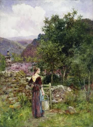 A Young Girl Standing Outside a Cottage Holding a Pail
