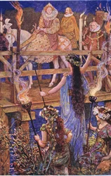 Elizabeth is made welcome by the lady of the floating island, illustration from Kenilworth