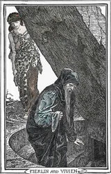 Representation of Merlin the Enchanter and Fee Viviane Illustration by Henry Justice (HJ) Ford (1860-1941) from “The book of romance” 1902 Private Collection