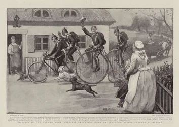 Bicycles in the German Army, Soldiers returning Home on Furlough Riding through a Village