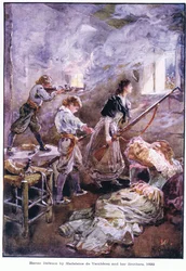 Heroic defence by Madeleine de Vercheres and her brothers 1692, c.1920