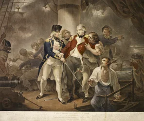 Capt. Trollope in the Glatton of 54 Carronades Engaging a French Squadron of 8 ships of war carrying 230 guns, engraved by James Daniell, 1797