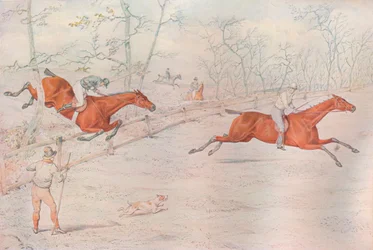 A Steeplechase: Covering a strong bullock fence. Down for a hundred!, 1927